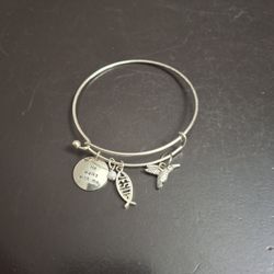 Silver-tone Finish Expandable Bangle Bracelet With 3 Charms, " He Walks With Me", Jesus Fish Symbol & A Dove