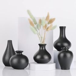 Black Ceramic Vase Set of 5,Small Bud Vases,Mini Vases for Flowers,Decorative Vase Assorted for Rustic Wedding