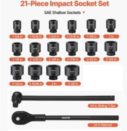 VEVOR 1 in Drive Impact Socket Set, 6 Point Shallow Impact Sockets, SAE (1-5/8 in to 3-1/8 in), with  24 in Ratchet
