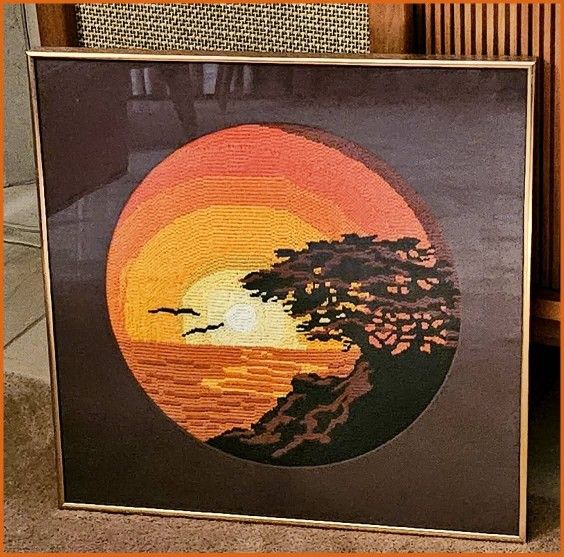 80's Cross-Stitched Framed and Matted Sunset