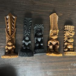 Vintage Hand Carved Hawaiian Brown and Black Wooden God Tiki Statues Set of 5 
