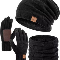 Mens Hat Scarf and Gloves Set Winter, Thermal Fleece Lined Slouchy Beanie Neck Scarves Touchscreen Gloves, 3 in 1 Warm Set