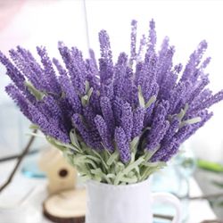 6pcs Artificial Flowers Flocked Plastic Lavender Bundle Fake Plants Wedding Bridle Bouquet Indoor Outdoor Home Kitchen Office