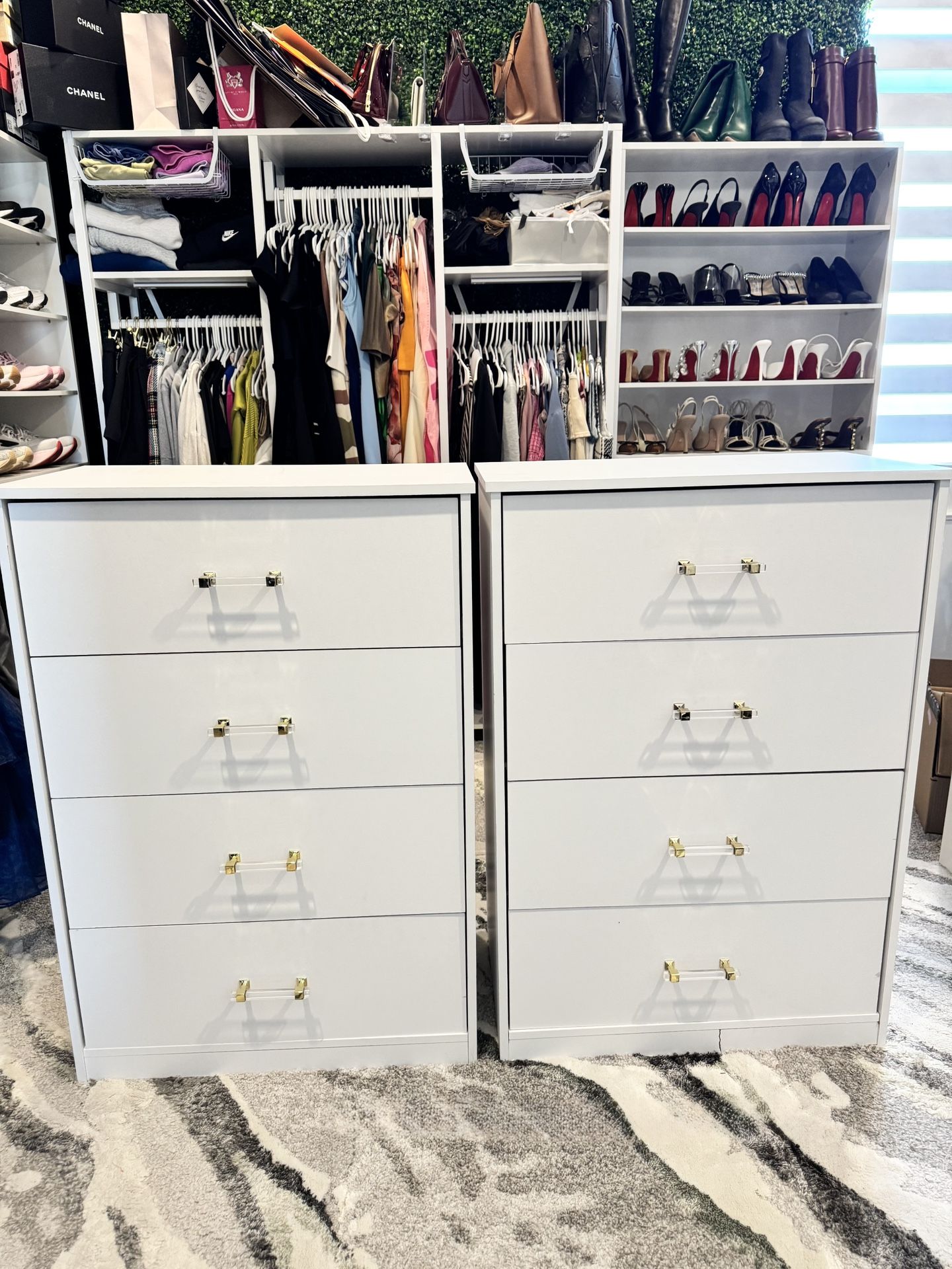 Set of 2 Custom 4-Drawer Bedroom Wardrobe Organizer Closet Clothes Dressers w/ Gold Acrylic Handles