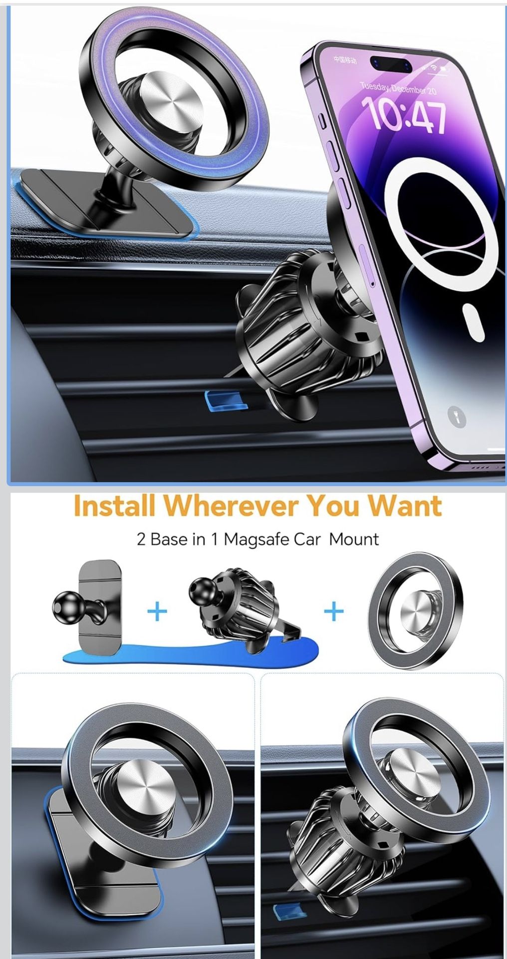 Kaistyle for Magsafe Car Mount【20 Strong Magnets】Magnetic Phone Holder for Car Phone Holder Mount Dash【360°】Cell Phone Holders for Your Car Accessorie