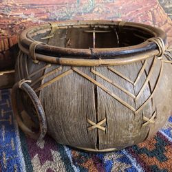 Gorgeous Handmade Vintage Basket Bamboo Rattan Hand Woven Wooden Husk Bohemian 70s Home Decor Plant Hanger Holder Southwestern Tribal Primitive