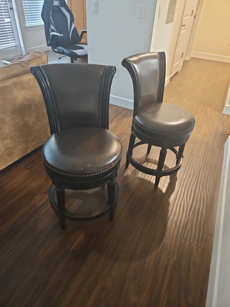 Brown Leather Swivel Barstools (2)