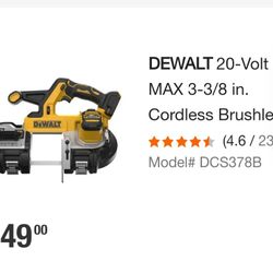 Dewalt 20 Volt  Band Saw 3 3/8 Inch Cutting New In Box Tool Only