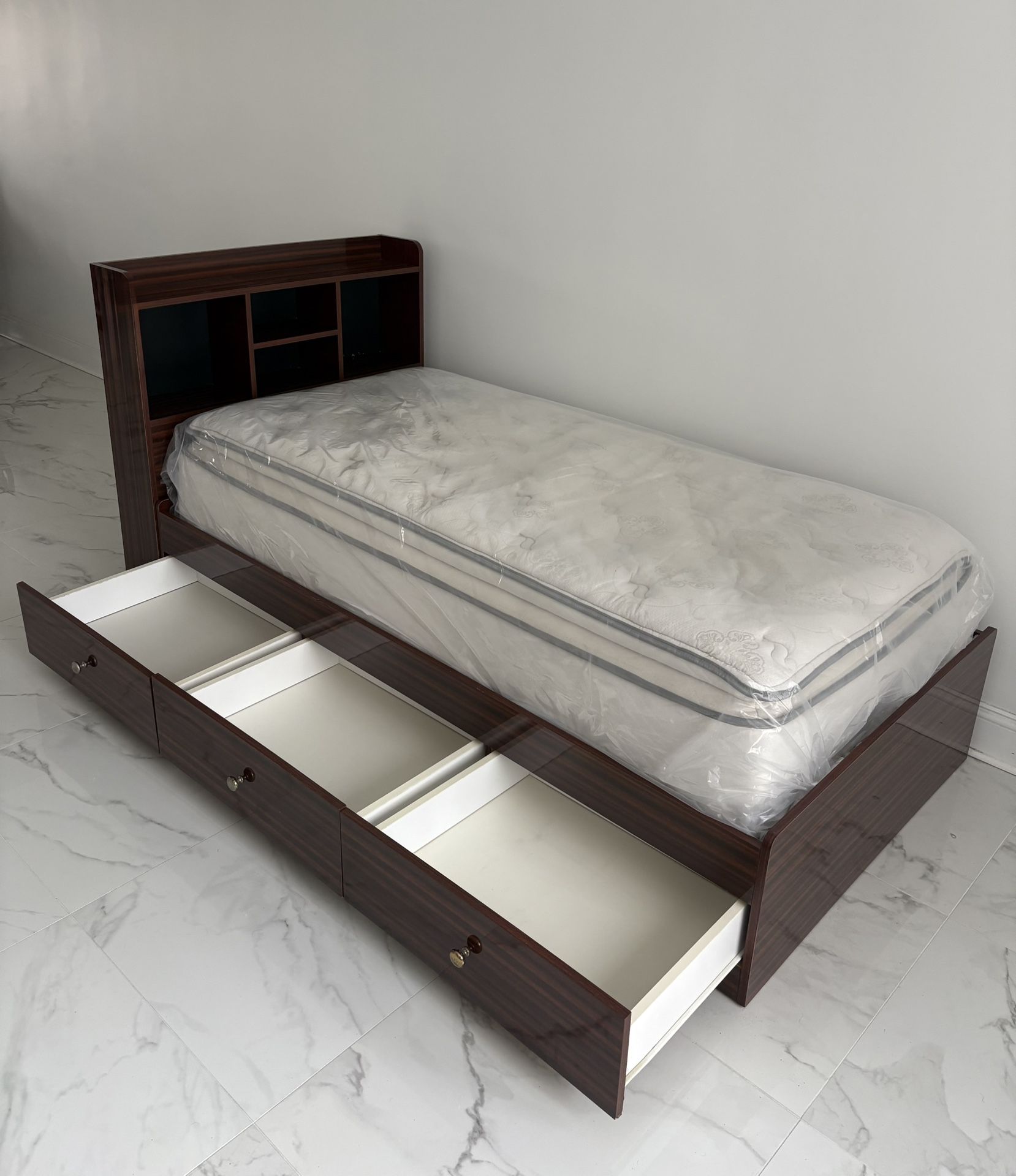 Twin Bed Box Frame With 3 Pull Out Draws & Backboard Shelves