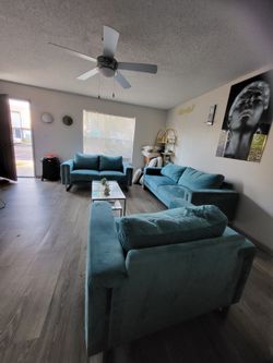 3 piece Teal Velvet Sectional and Loveseat Set