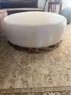 Large Round Leather Ottoman / Coffee Table – Elegant Wood Base