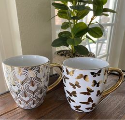 Gold and White Ceramic Mug Set of 2