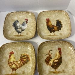 Vintage Set of 8 Rustic Rooster Square Dinner Plates; 222 Fifth Discontinued