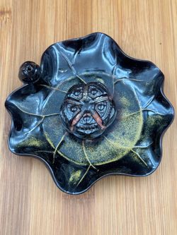 Vintage Ceramic Incense Frog on Lotus Leaf Trinket Dish