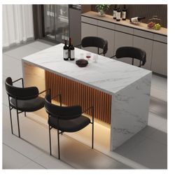 63" Large Imitation Marble Dining Table for 4-6 People,Island Table with LED Lights,