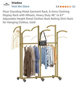 Floor Standing Metal Garment Rack, 6 Arms Clothing Display Rack with Wheels, Heavy Duty 48" to 67" Adjustable Height Retail Clothes Rack Rolling Shirt
