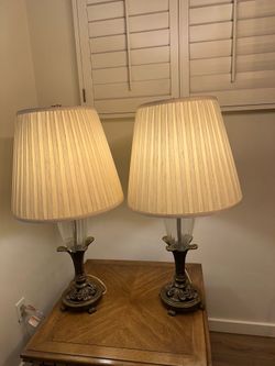 Heavy Pair of Vintage Brass and Glass Table Lamps