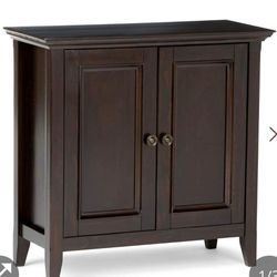 SIMPLIHOME Amherst SOLID WOOD 32 Inch Wide Transitional Low Storage Cabinet In Hickory Brown, With 2 Panel Doors, 2 Large Storage Spaces With 1 Adjust