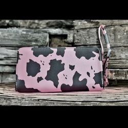 Cow Design Ladies Wallet - Pink And Black With Strap