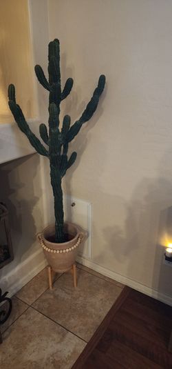Large Faux Cactus Plant with Pot and Stand