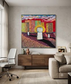 Mario Breda Colorful Impasto Expressionist Cityscape – Original Oil/Acrylic Painting 39.5x39.5”