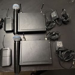 2 Shure BLX  H10 wireless Receivers, 2 Handheld Beta 58 Mics, 2 Body Packs With Lava mics, and Case.