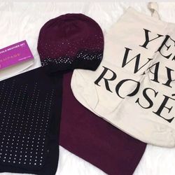 3 piece brand new set including a beanie, a matching Ombré scarf and a canvas bag that says “yes Way Rose” by Rampage