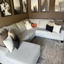 Lucy Tux Sofa Chaise Sectional — Splash Linen — Left Facing