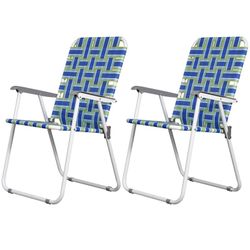 New Set of 2 Patio Lawn Chairs Folding Metal Frame Webbed Camp Chair, Blue/Green