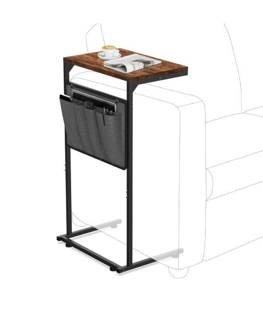 Vantic C Shaped End Table, Small Side Table for Couch and Recliner, Slide Under Sofa Tray Desk with Storage Bag for Living Room and Bedroom, Rustic Br