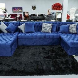 New/ Blue Velvet Double Chaise Sectional, Seccional, Couch/ Delivery Available/Financing Options