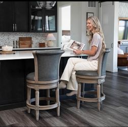 Brand new Maven Lane Pullman Counter Stool 26 Inches – Swivel Stool with Footrest – Grey Solid Wood Frame & GreyLeather Upholstery – Perfect for Kitch