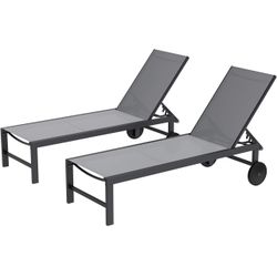 2 PCS Outdoor Chaise Lounges Chair with Wheels Aluminum Reclining Patio Lounge Chairs with 5 Adjusta