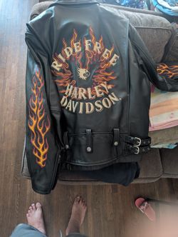 Harley Davidson Ride Free Flames Eagle Leather Motorcycle Jacket Mens XL