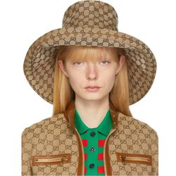 Gucci GG Beige Canvas Denim Wide Large Brim Monogram Jacquard Beach Bucket Hat New