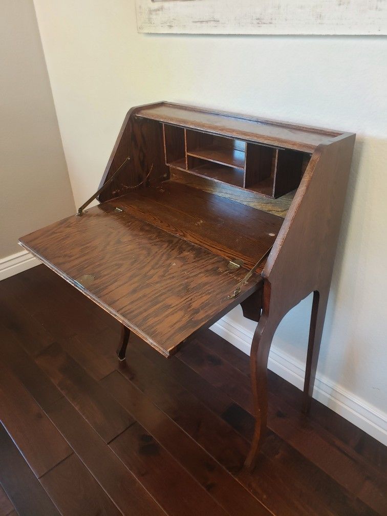 Antique Tiger Oak Drop Down Desk