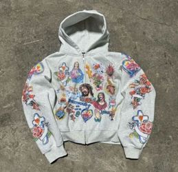 Gray Zip-Up Hoodie with Religious Graphic Print