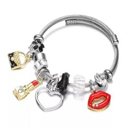 Stainless Steel Jewelry Charm Bangle Bracelet Lipstick Lips Bag