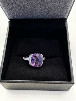 Amethyst Halo Cocktail Ring Silver Tone size 8