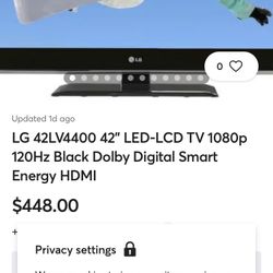 LG42 Inch TV With Remote And Power Cord. All Info On Post . Reduced From $55