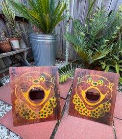 Mid-Century Antique Vintage Wood Clown Cornhole Corn Hole Bean Bag Sack Toss Game Art Set
