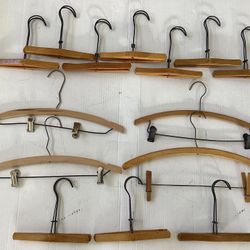 14 Vtg. Wooden Pants Skirts Trousers Hangers Clip + Primitive Clamps Early - Mid 1900s
