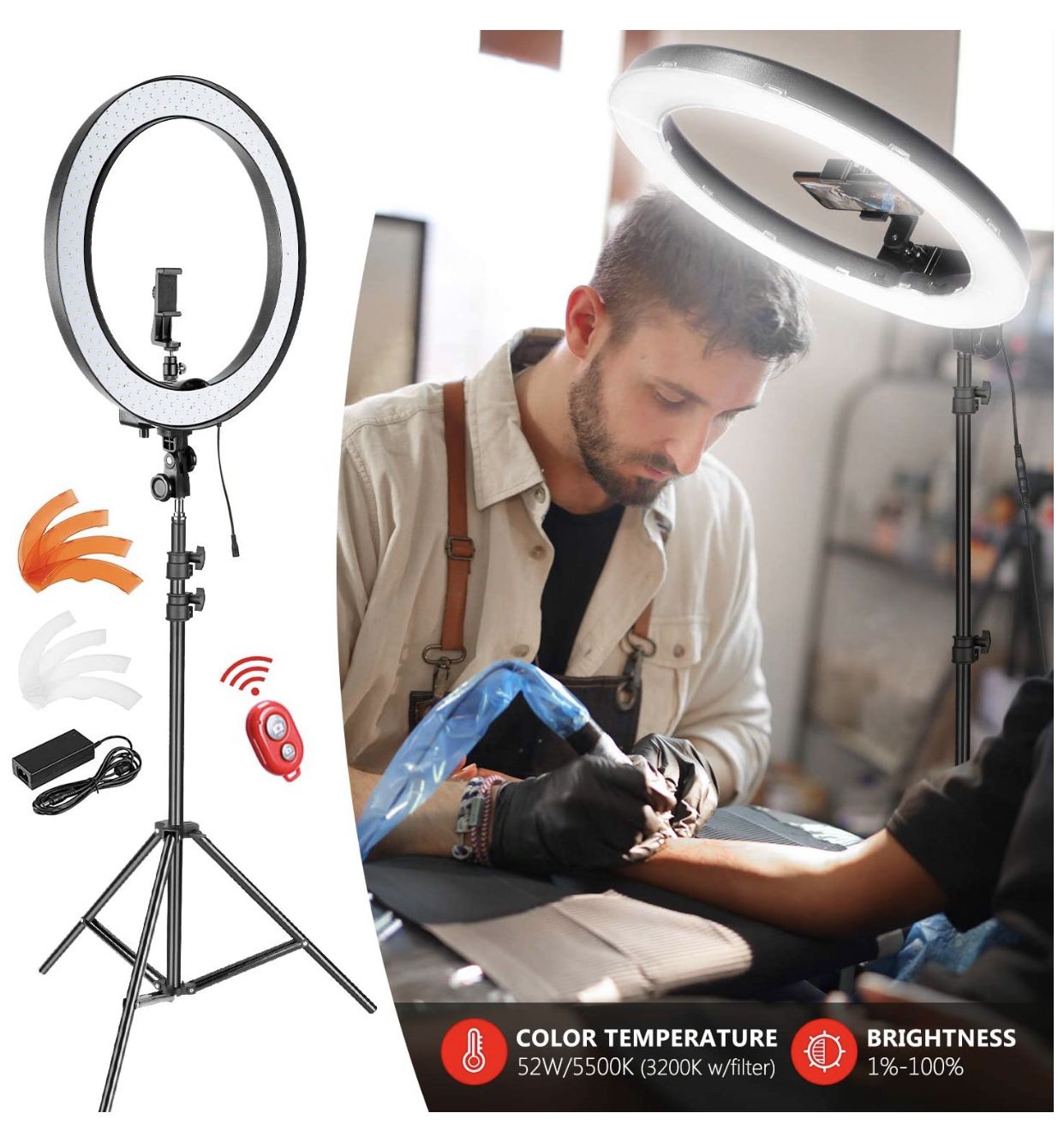 LED Ring Light with 6.6ft Stand for Phone and Camera, 18 Inch / 19.1 Inch Outdoor 55W 5500K / 3200K Dimmable with Filters Carrying Bag for YouTube Vl