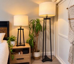 Set of 2 Black Twisted Metal Lamps – Floor & Table Lamp w/ White Shades