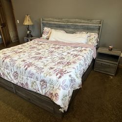 Grey wood look storage bed set with lighted headboard and working heated electric fireplace