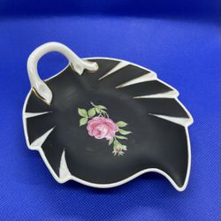 Antique Stunner! Black Leaf Dish With Have Painting 