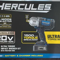 HERCULES 20V Brushless Cordless , 1/2 in. Ultra Torque Impact Wrench Kit with 5 Ah Battery and Charger
