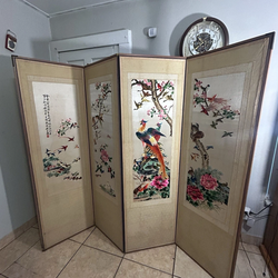 Vintage 4-panel room divider privacy screen  w/ silk embroidered birds & flowers