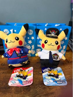 Pokemon Pikachu Plush Tokyo Haneda Airport Set of 2 Pilot & Flight Attendant