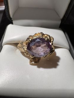 SOLID 14K YELLOW GOLD ESTATE ABSTRACT AMETHYST RING 